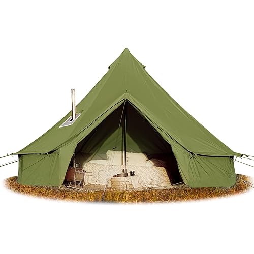 Cotton Canvas Bell Tent, Waterproof Large Tents with Sturdy Center & Door Pole and Space for 4/6/8 Person All 4 Season Camping Yurt Tent