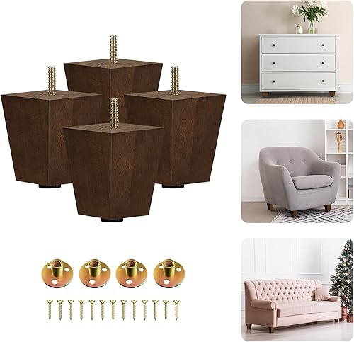 Yes4All Juego de 4 patas cuadradas de madera para muebles de 3 pulgadas - Pies de repuesto de madera para sofá - Patas cónicas con nivelador para