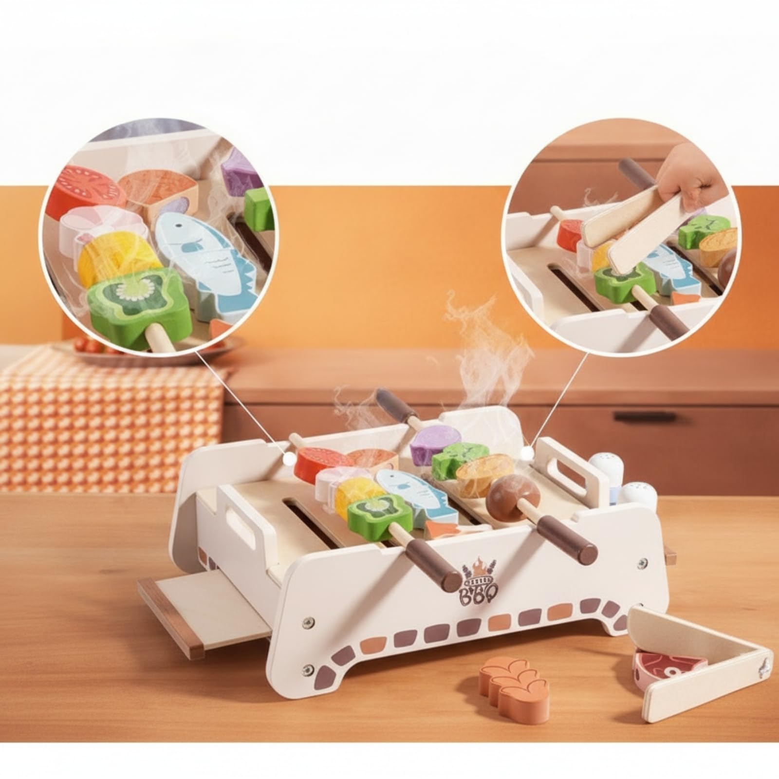 Barbecue Giocattolo in Legno Griglia Giocattolo con Accessori Compatto Gioco di Ruolo per Bambine, Cameretta
