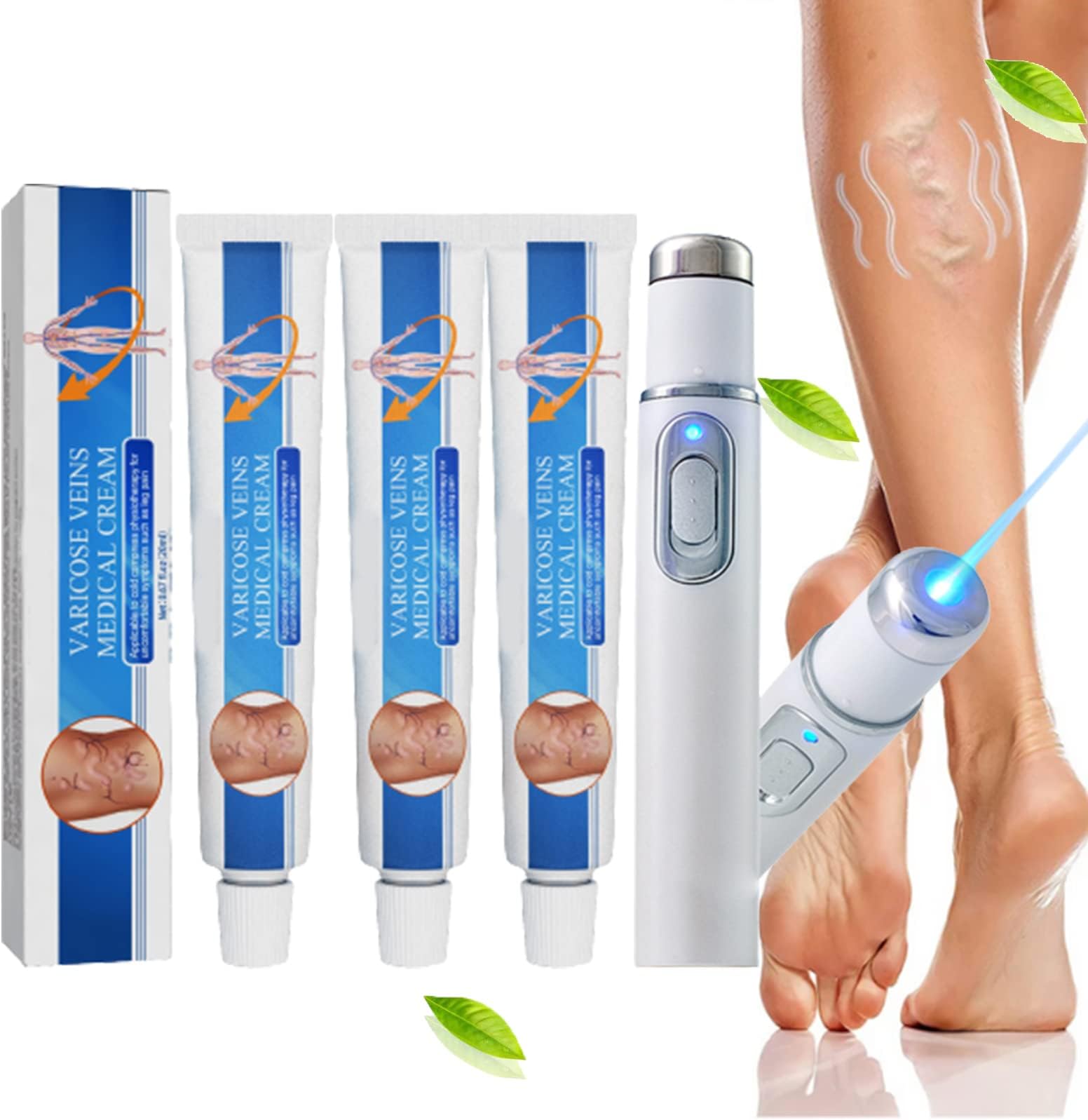 Varicose Veins Treatment for Legs, Venoheal Varicose Vein Treatment Cream, Spider Vein Treatment for Legs, Vericose Veins Treatment Blue Light Lazer Treatment Pen (3cream+1pen)