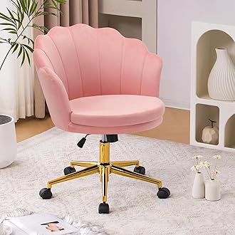 Furniliving Cute Velvet Desk Chair for Home Office, Makeup Vanity Chair with Wheels for Bedroom Modern Adjustable Swivel Rolling Chair for Living Room (Pink)