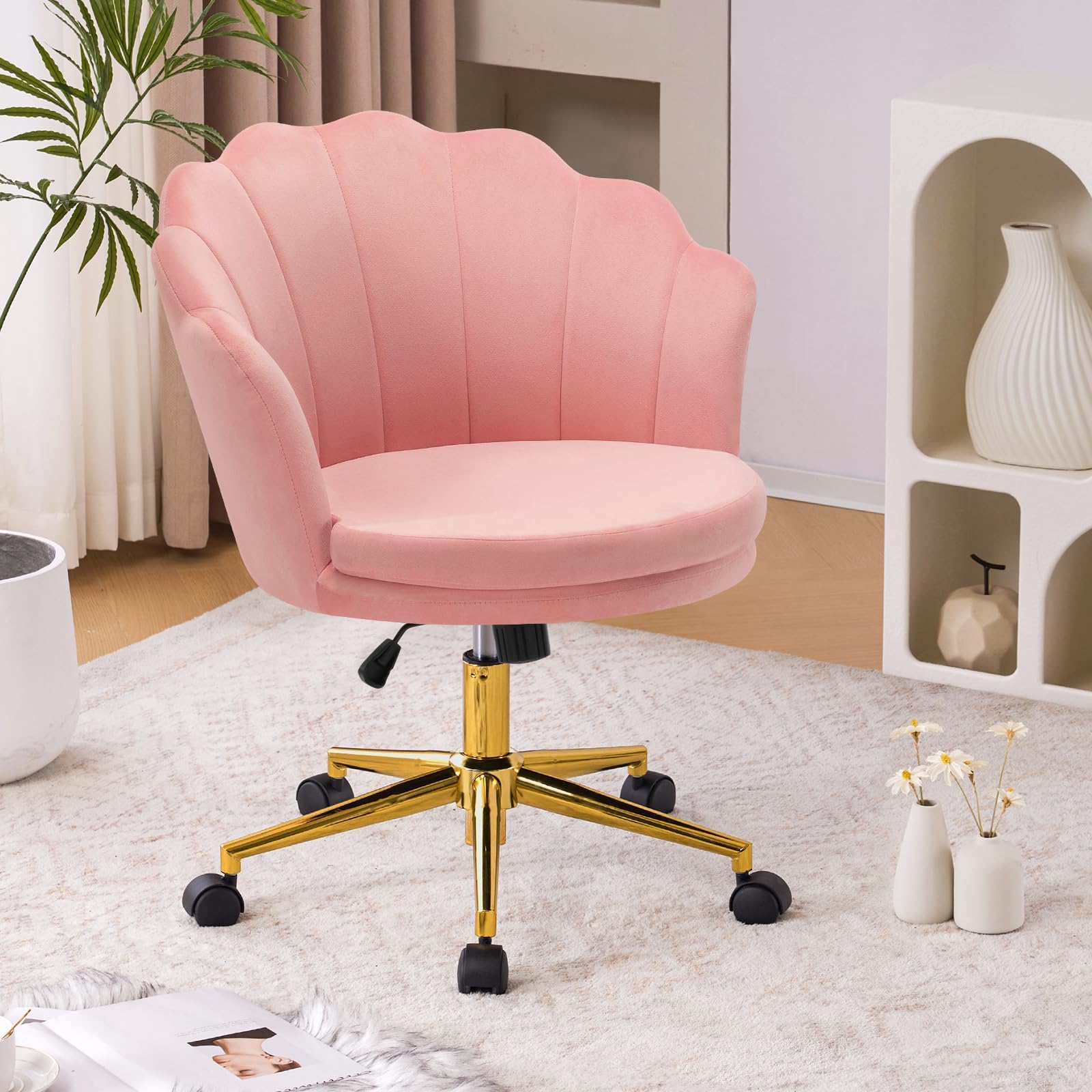 Furniliving Cute Velvet Desk Chair for Home Office, Makeup Vanity Chair with Wheels for Bedroom Modern Adjustable Swivel Rolling Chair for Living Room (Pink)