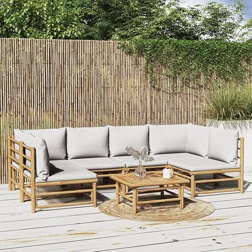 Garden Lounge Set, Light Grey Cushions, Natural Bamboo, 7-Piece Outdoor