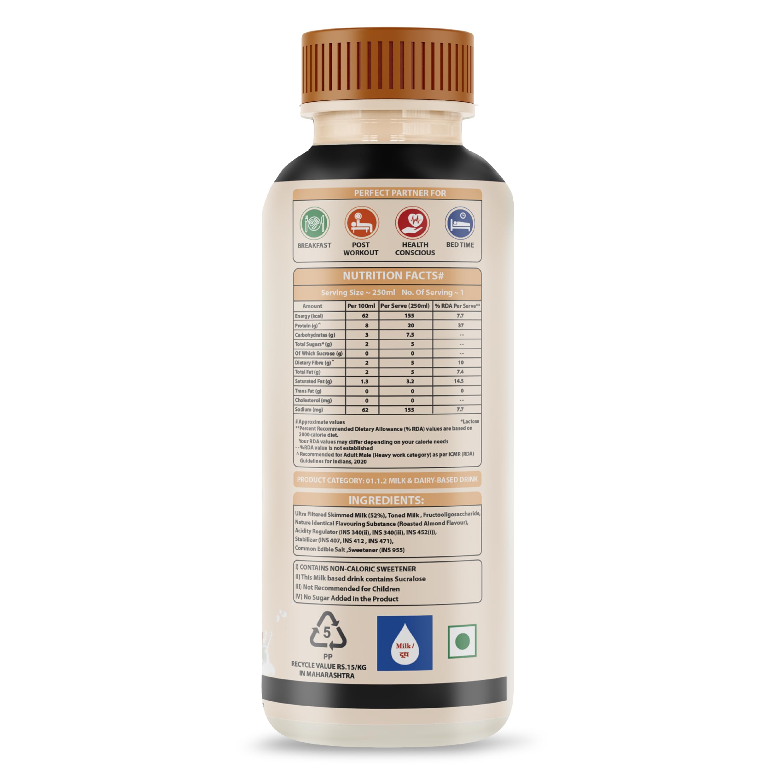 XLR8 FitMilk Protein Milk | 20g Protein Milkshake 250ml (Pack of 6) | 5g Fibre | Roasted Almond | No Added Sugar | Contains Prebiotic Fiber | Ideal for Early Mornings, Pre & Post Workouts Energy Drink 1