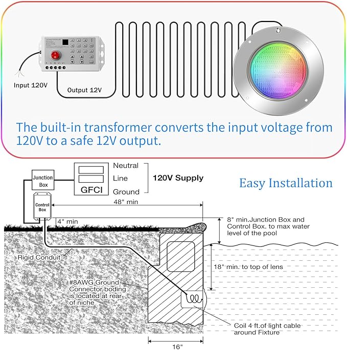 Lamroro Luz LED para Piscina 60W 12V 10 Pulgadas IP68 con Control Remoto y APP miniatura 3