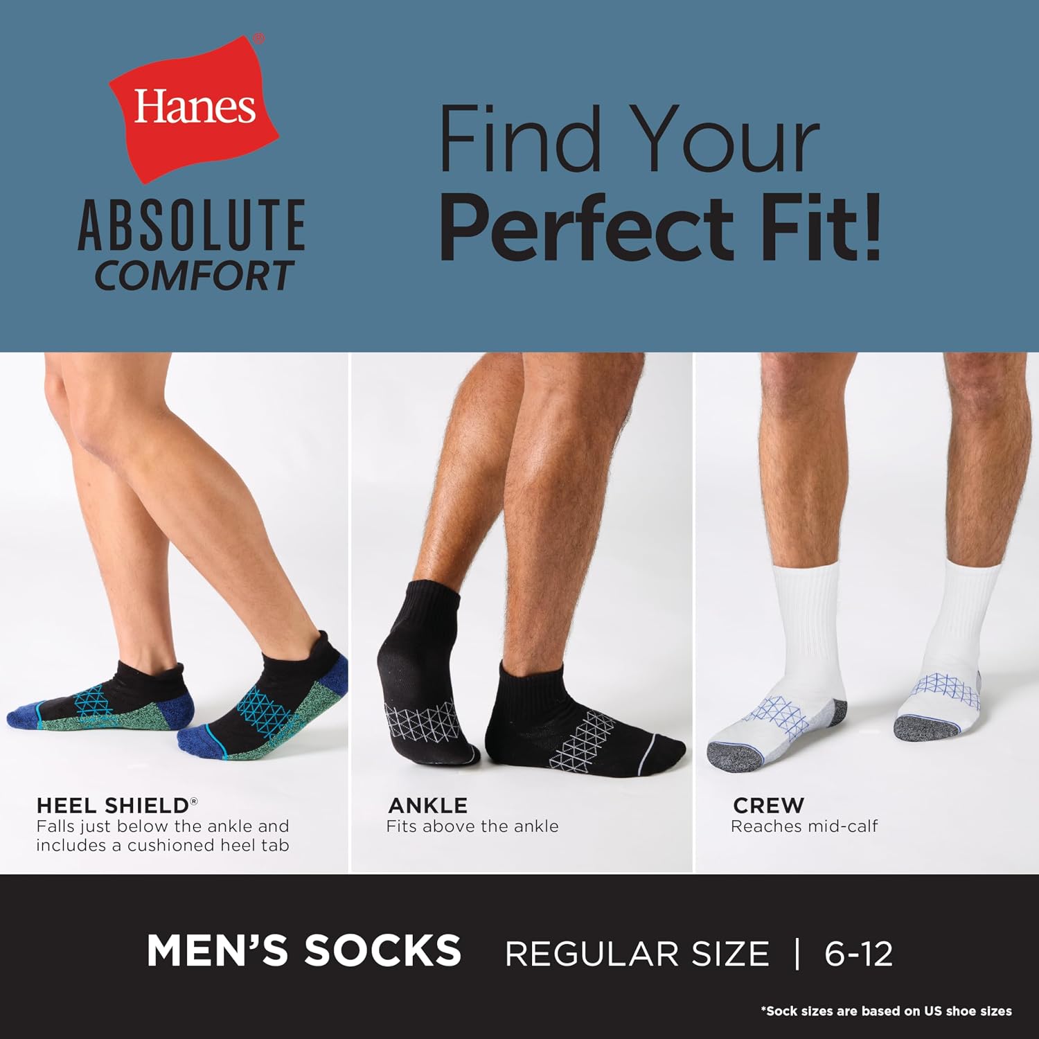 Hanes Men's Socks, Absolute Comfort Cushioned Moisture-wicking Seamless Toe, 4 Pack, Ankle, Crew and Heel Shield Socks
