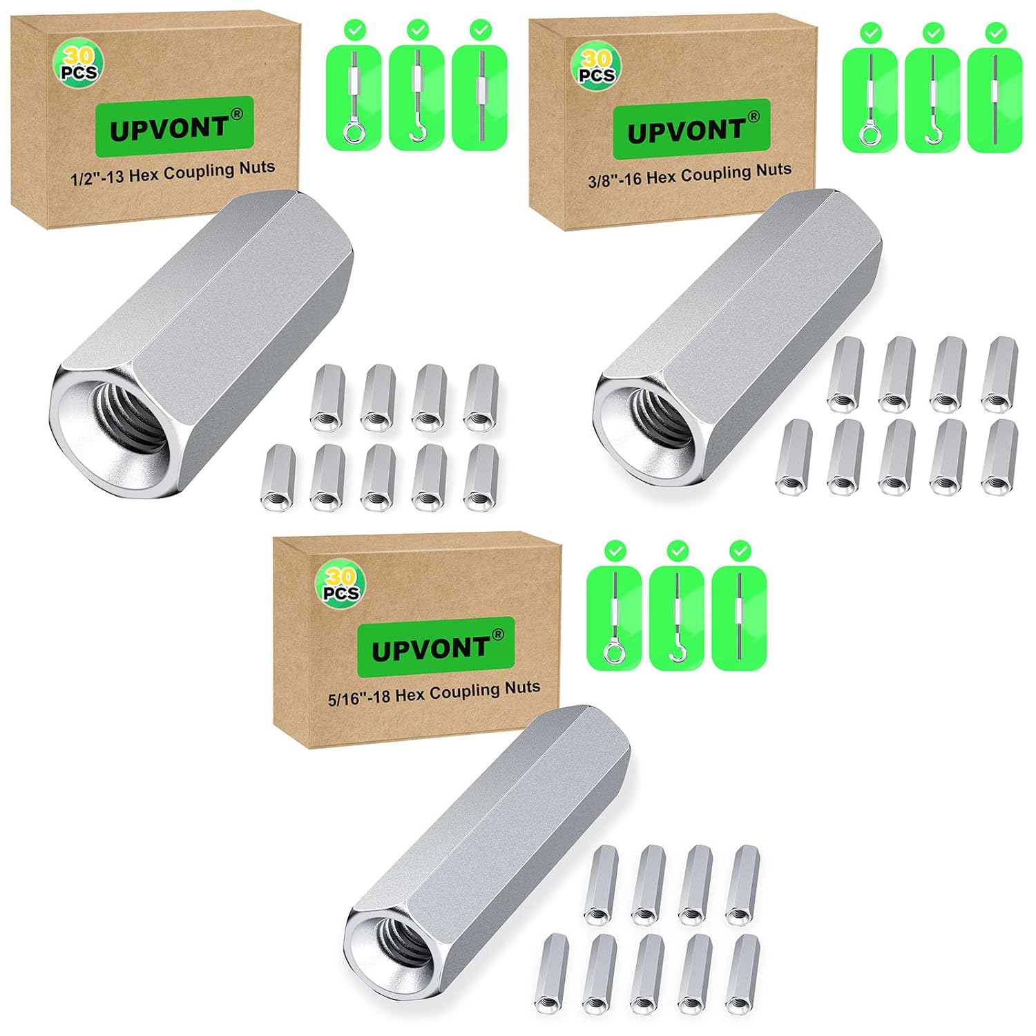 Hex Coupling Nuts 1.75-Inch, 1/2"-13, 3/8"-16, 5/16"-18 (90 PCS), Ideal for Threaded Rods & Studs