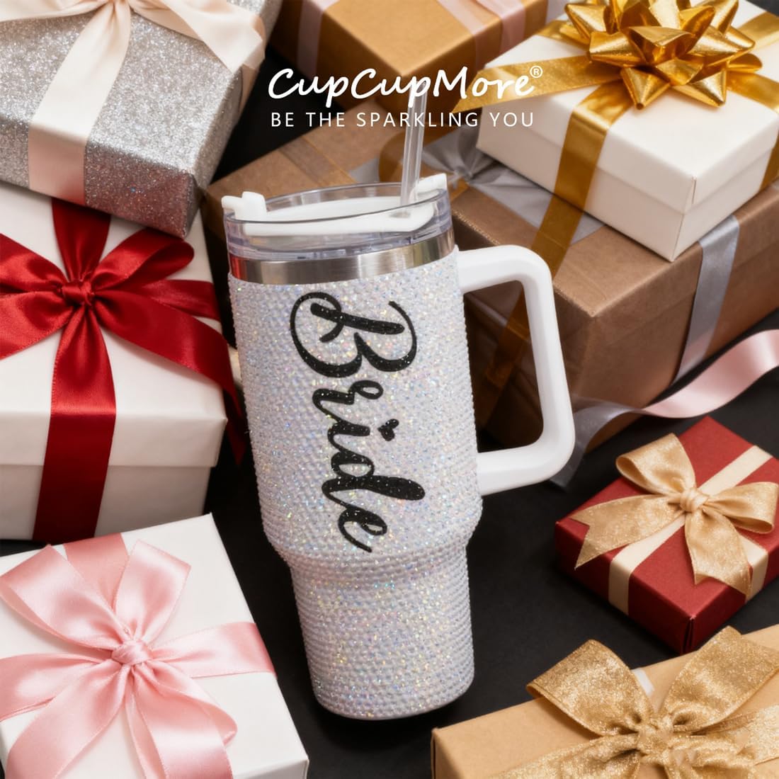 40oz Bride White Rhinestone Stainless Steel Sippy Tumbler Glitter Vacuum Insulated Water Bottle with Straw & Lid &Handle,Sparkle Car Cup Holder,Keeps Cold 12 Hours Drinks,Coffee
