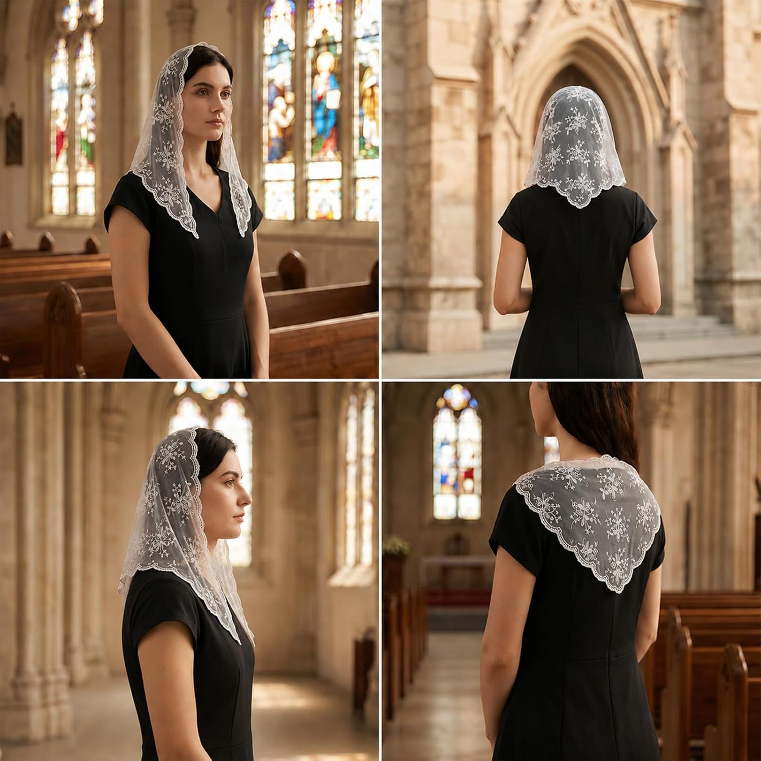 Triangle Veils, Lace Head Covering, Beige Fashion Print Head Veil, Lace Veil for Church Wedding Brides(135x45cm)
