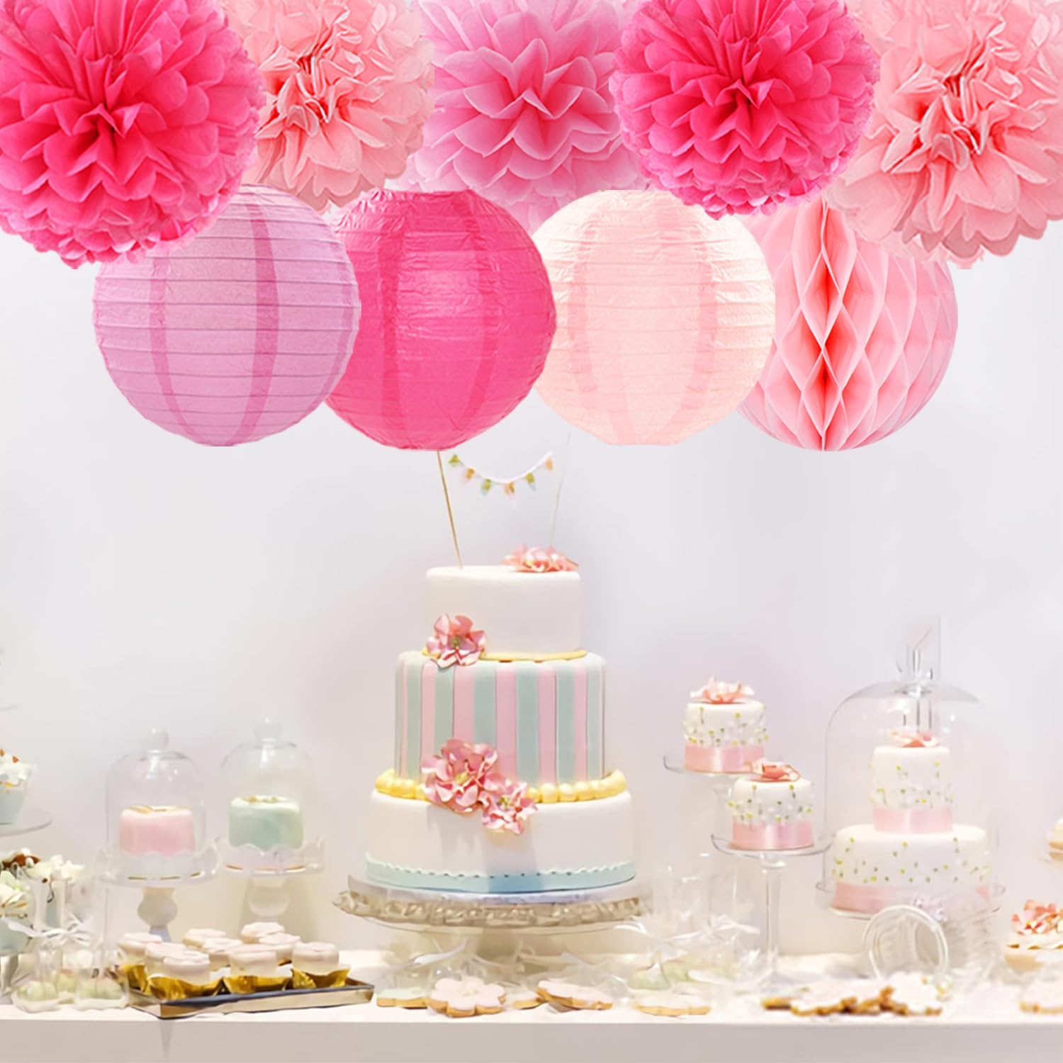 Hot Pink Paper Flowers Tissue Pom Poms Honeycomb Lanterns 15pcs Party Decorations for Birthday Bachelorette Women Girls Night Baby Shower Bridal Wedding Valentine Hanging Supplies Mprocherify - Image 6