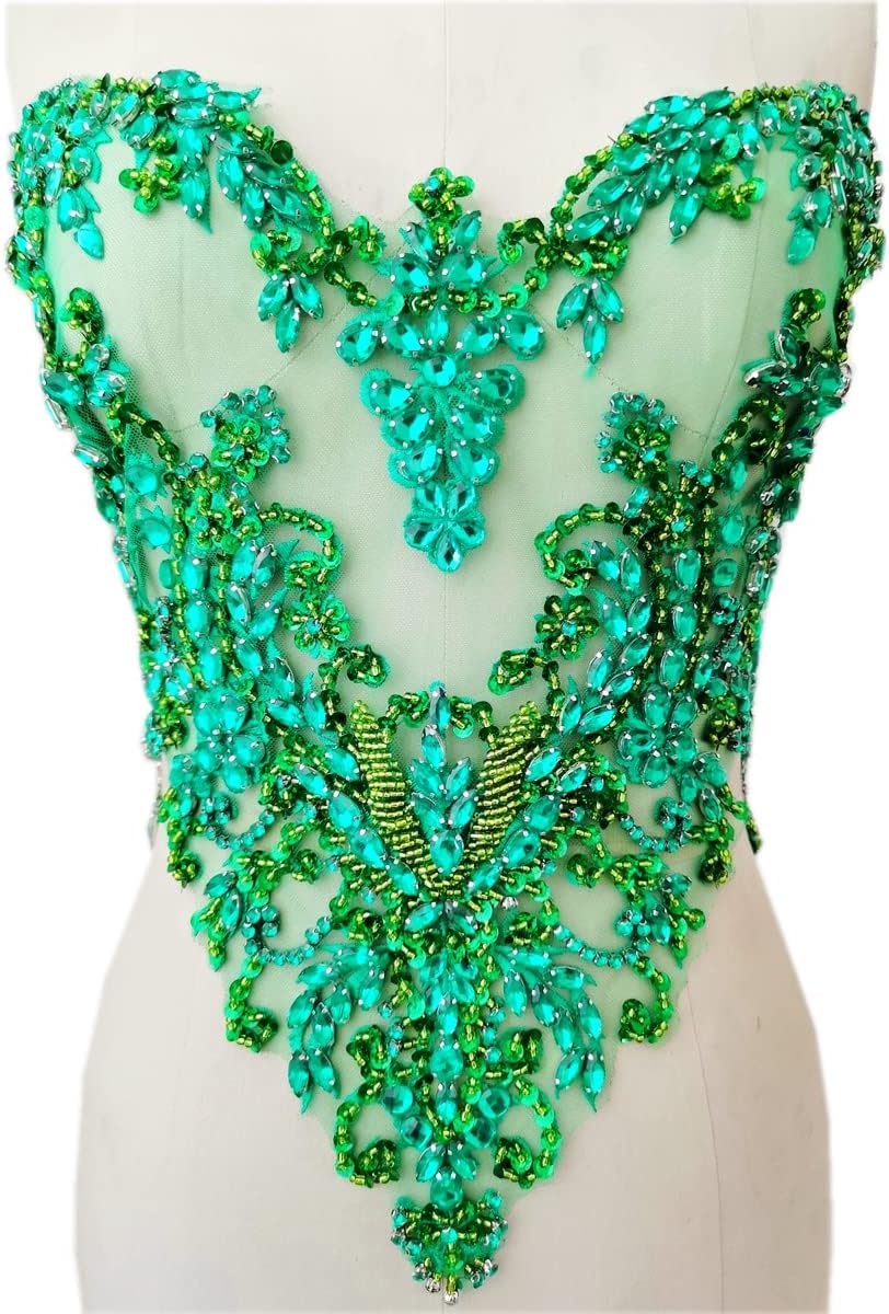 Handmade Rhinestones lace Applique handsewing Beads Sequins Trimming Patches for Dress Clothing Accessories More Colour (LightGreen)