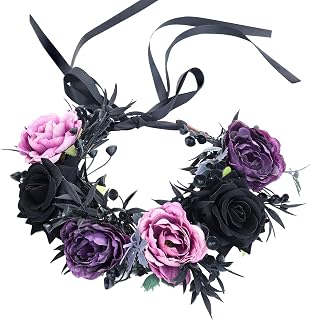 Gothic Flower Crown Black Purple Rose Flower Headband Dark Romantic | Black Flower Crowns for Women Flower Headband Halloween Wedding Party Renaissance Festival Photoshoot Accessories