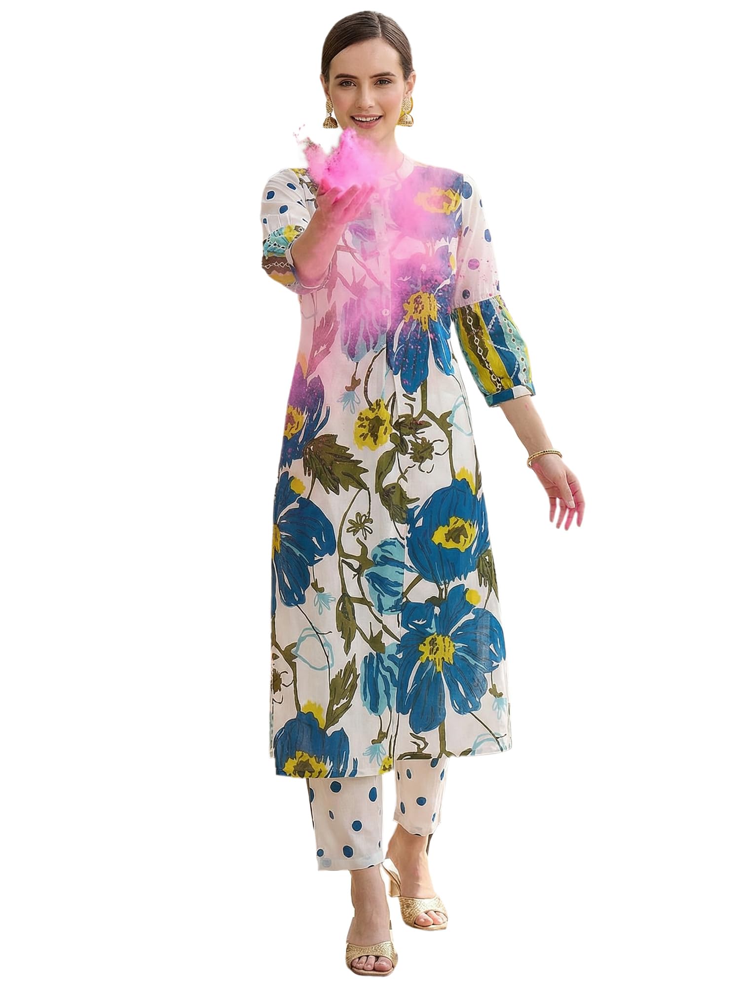 indo era Women's Pure Cotton Floral Printed Calf Length Straight Mandarin Collar Kurta & Pant Set (HOLAI11848)-picture-35
