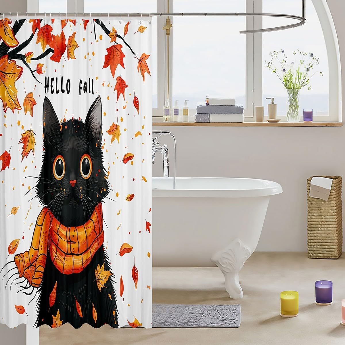Black Cat Shower Curtain Set,Maple Leaves Bathroom Curtain,Kids Teens Adult Cartoon Pet Animal Waterproof Fabrics Fall Style Bathroom Decor with 12 Hooks,72" W x 84" L image 3