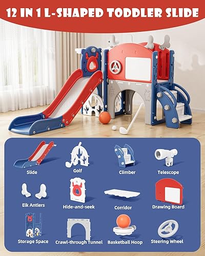 Miniatura 2 de YUFU Tobogán infantil 12 en 1 para niños pequeños, juego de tobogán con golf, tabla de dibujo, escalador, aro de baloncesto y espacio de