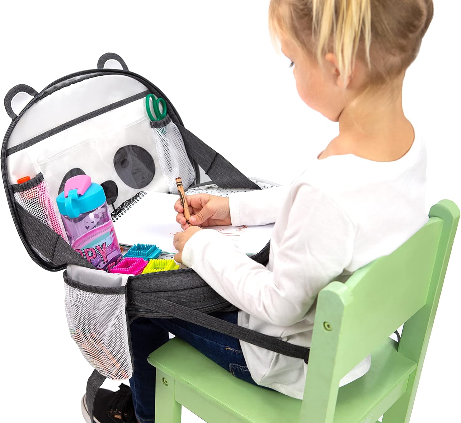 Lulyboo Toddler Car Seat Tray & Backpack - Kids Travel Lap Desk with Writing Surface, Panda Theme, Waterproof Spill-Proof, 8 Pockets, Built-in Tablet Holder, Adjustable Straps for Car & Air Travel