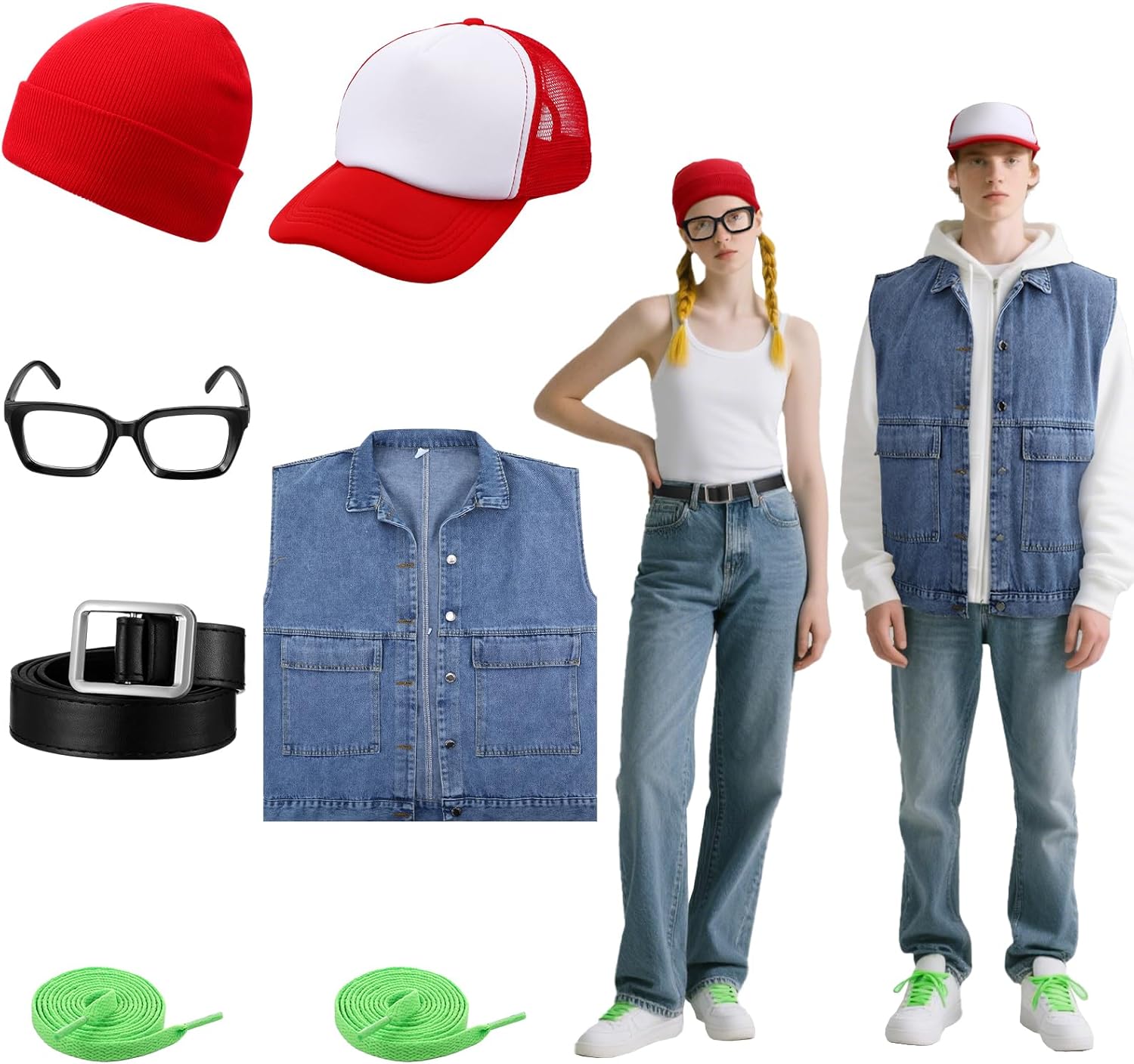 7 Pcs Halloween Subway Couple Costume Trucker Hat Jacket Red Beanie Black Belt Square Eyeglasses Green Shoelaces for Halloween Subway Running Game Character Cosplay Party