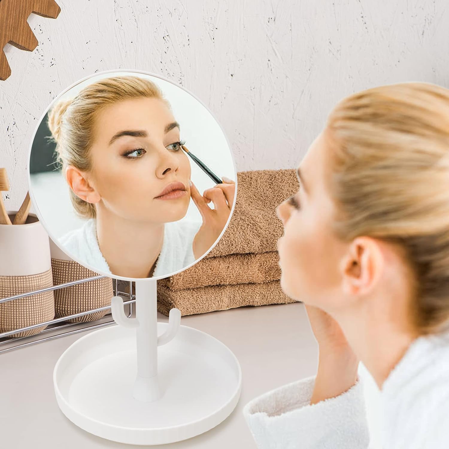 SGUTEN Small Table Desk Mirror with Stand for Makeup, Portable Cute Vanity Makeup Mirror for Desk, Table Desk Top Mirror with Storage Tray, Travel Compact Magnifying Mirror for Makeup,Round White -