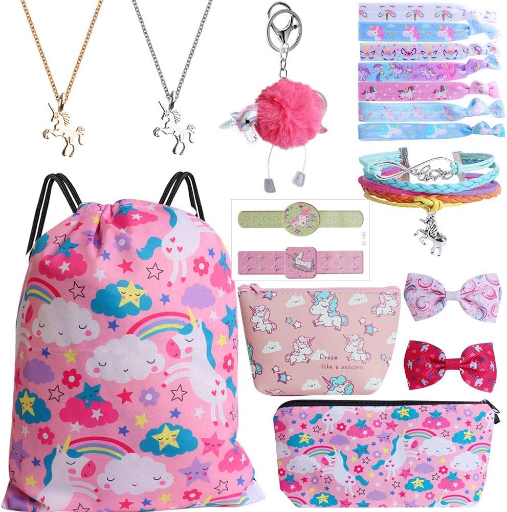 Mukum 12Pcs Drawstring Backpack for Unicorn Gift for Girl Include Makeup Bag Bracelet Necklace Hair Ties Cartoon Tattoo for Unicorn Party Favors (Pink)