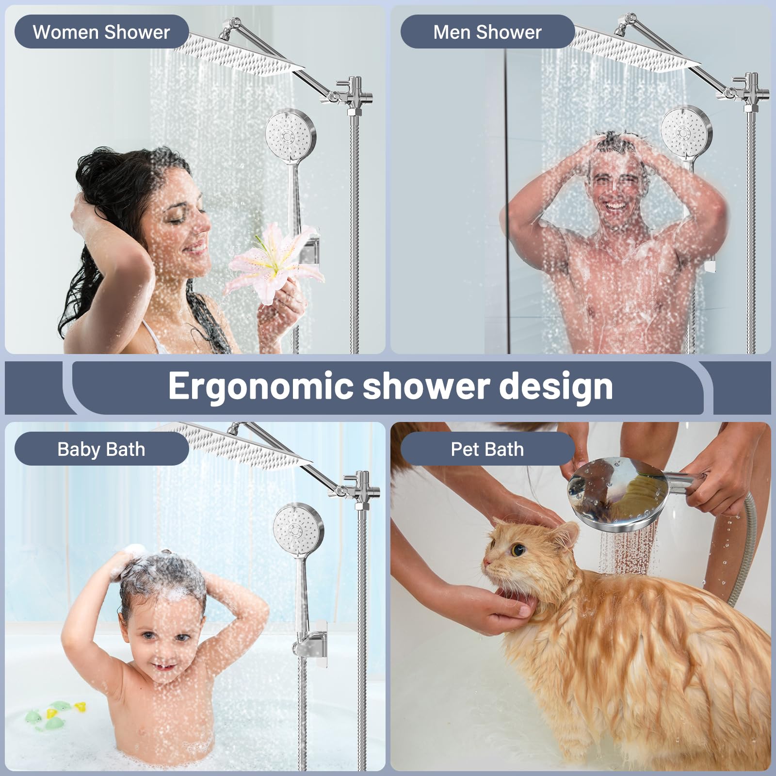 Soffione doccia 5 in 1, soffione doccia a pioggia da 25,4 cm con combinazione spray portatile, soffione doccia ad alta pressione a 3 vie con braccio di estensione da 10,5 pollici, soffione