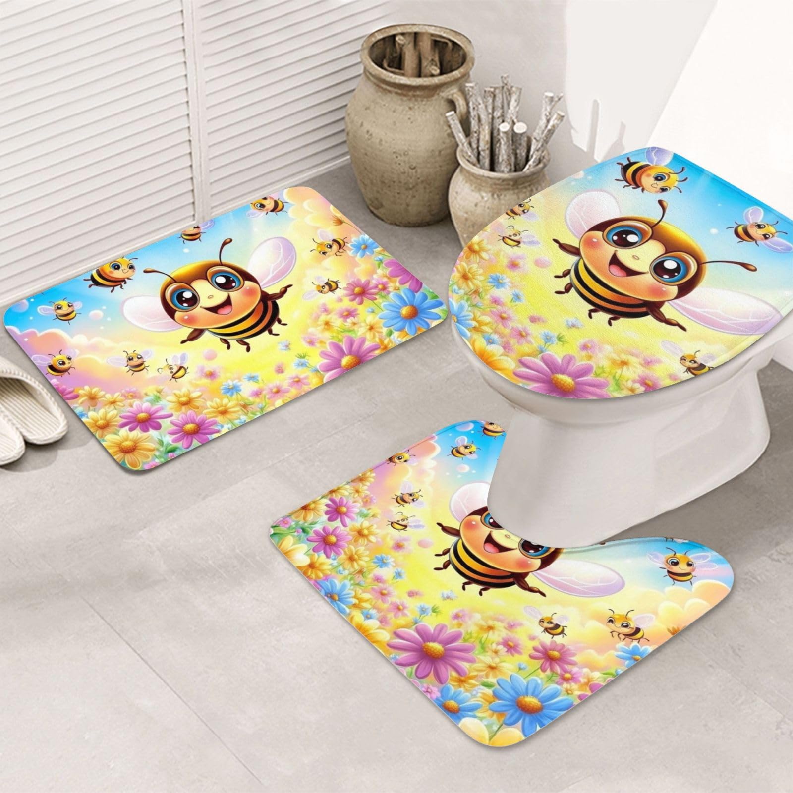 Set di 3 tappeti da bagno con api colorate in memory foam, morbidi e assorbenti a forma di U, decorazione per la casa, asciugatura rapida