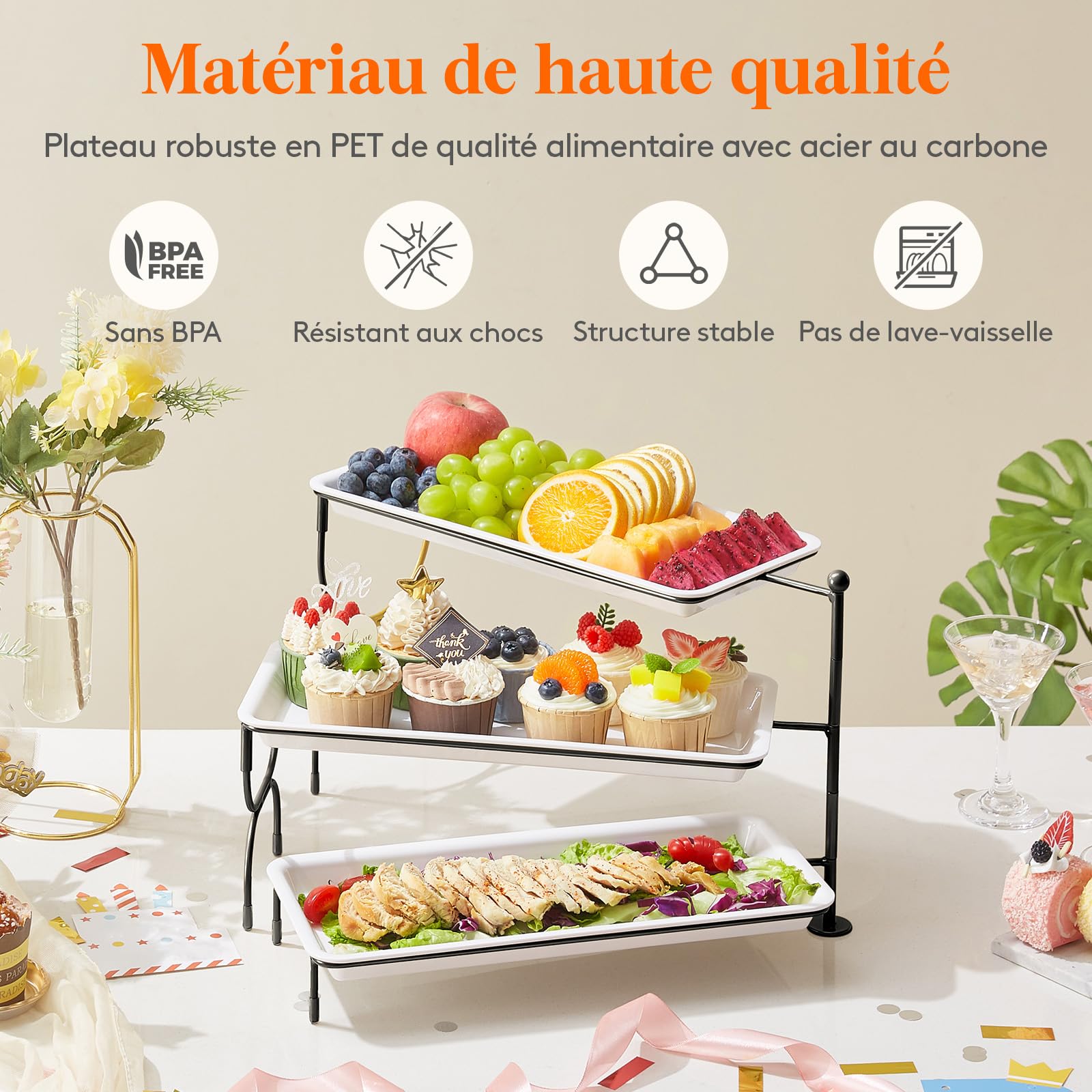 Lifewit Plateau de Service avec 3 Plats, Plateau Repas Amovible, Grand Plateau Plastique Rectangulaire 36 × 17cm, Presentoir Aperitif Buffet, Présentoir à Gâteaux, Panier Fruits, Support en Métal Noir