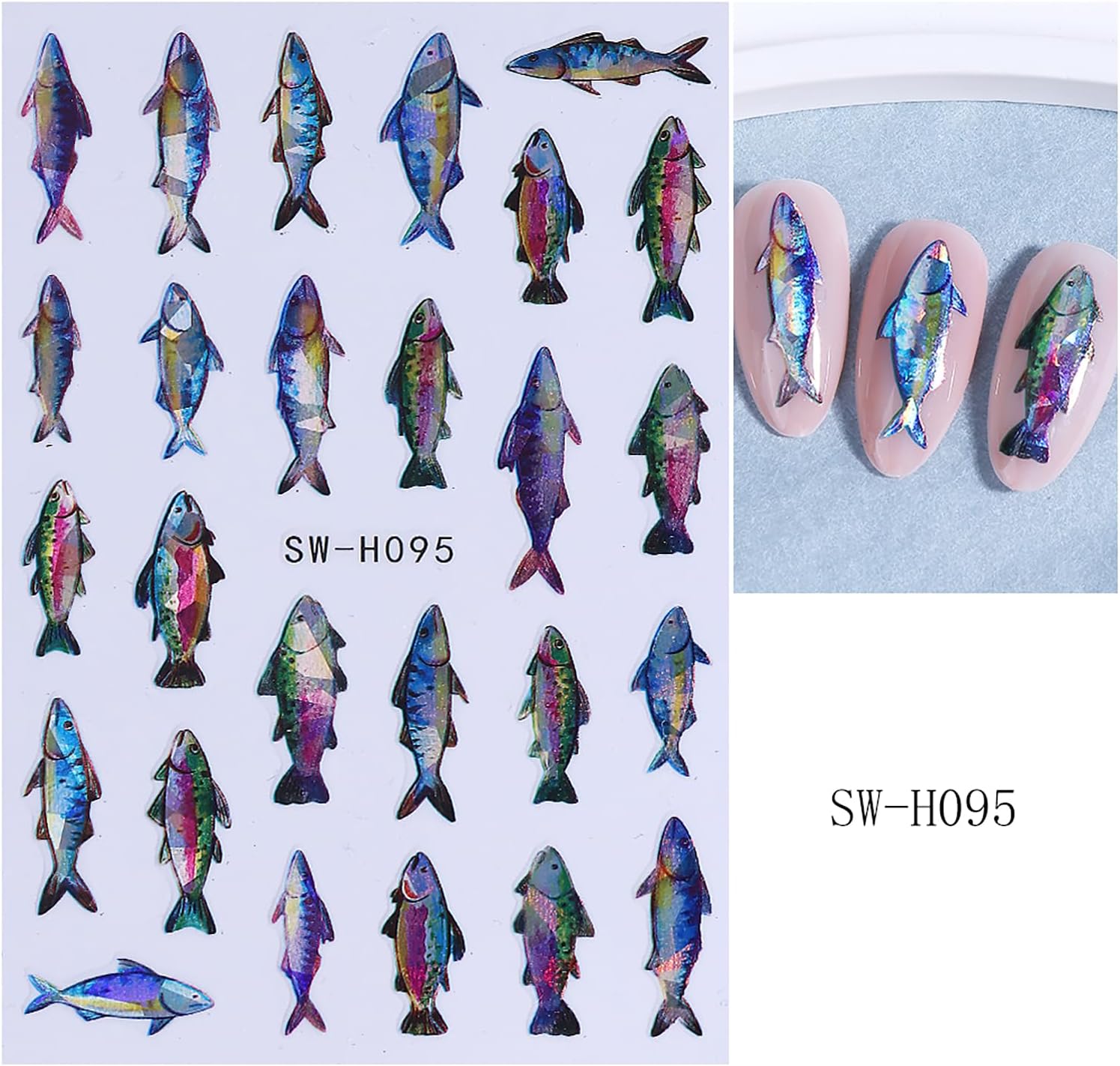 Holographic Fish Nail Stickers for Nail Art, Iridescent Colorful Fish Nail Decals 3D Self Adhesive Nail Art Supplies Summer Ocean Theme Manicure Sliders DIY Nail Salon Accessories for Women 4Pcs