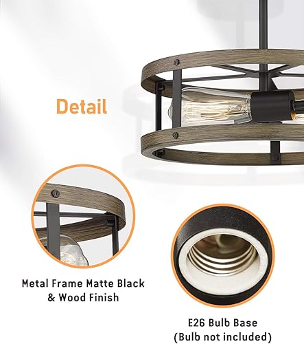 Miniatura 5 de EAPUDUN Lámpara de techo estilo granja, lámpara de techo semiempotrada de madera sintética de 13 pulgadas, lámpara de techo retro de 2 luces para
