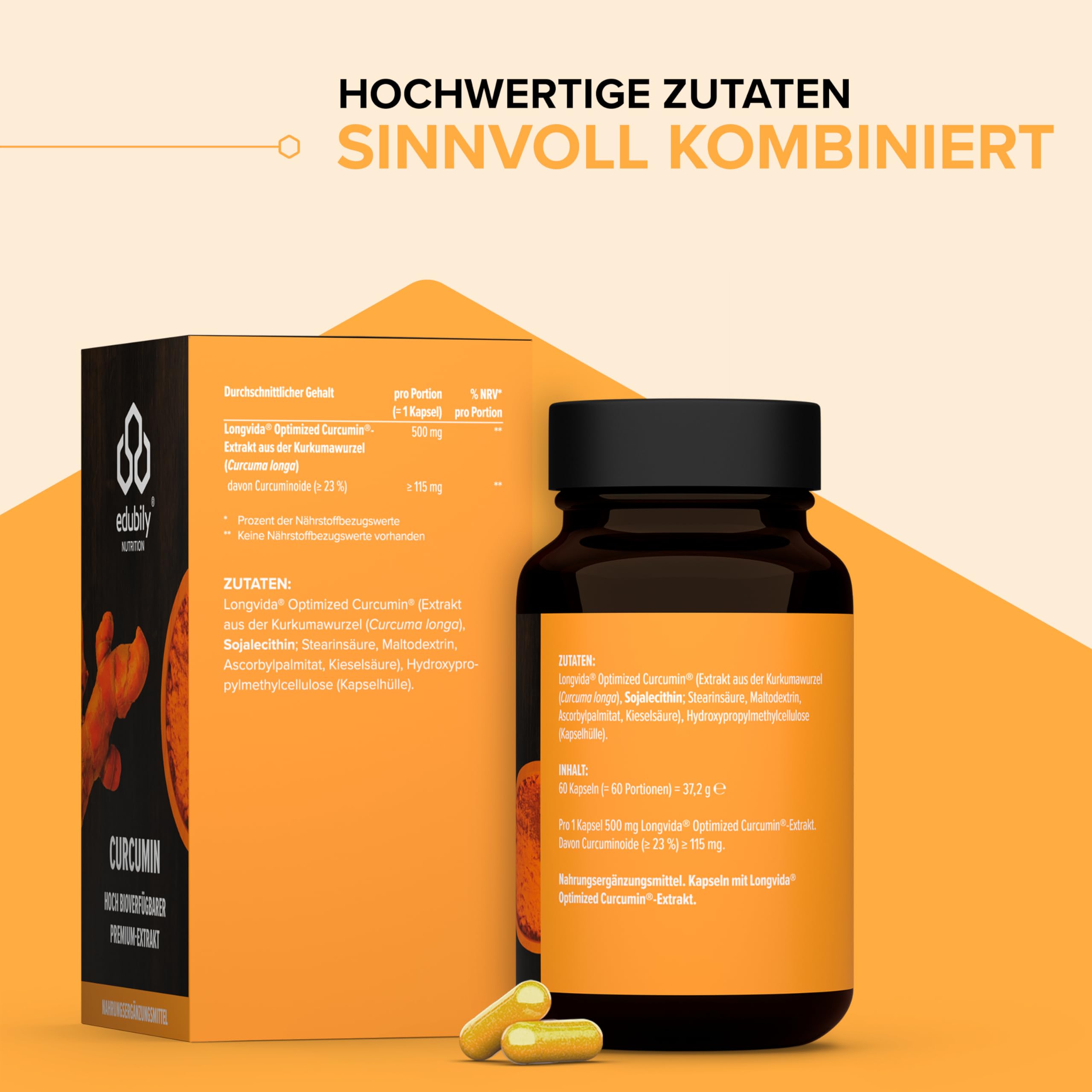 edubily nutrition® Kurkuma Kapseln - Curcurmin aus dem Markenrohstoff Longvida Optimized Curcumin® - Optimale Aufnahme im Körper - Laborgeprüft - Vegan - 60 Kapseln (500 mg Curcumin)