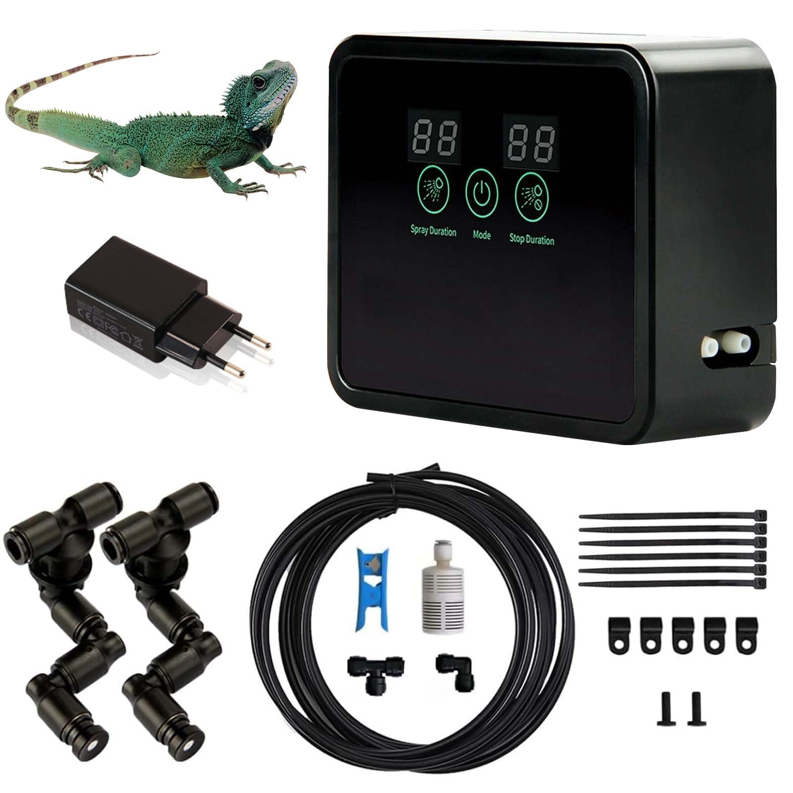 Humidificador para reptiles, sistema de niebla inteligente para terrarios con temporizador y boquillas de niebla ajustables en 360°, para reptiles, plantas, flores, selva tropical