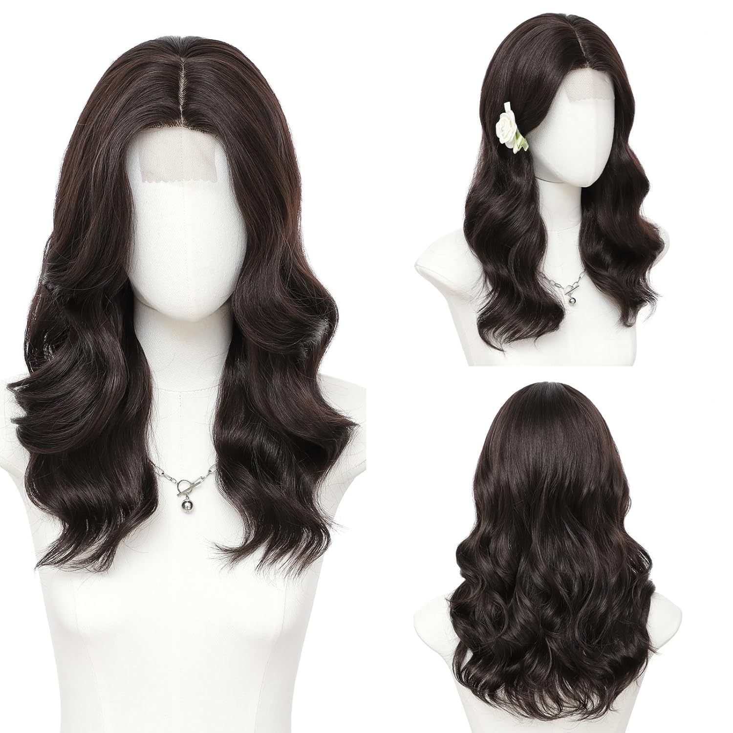 MORICA Wigs for Women Medium Length 18 Inch Middle Part Short Curly Wavy Wigs,Dark Brown Womens Wigs Natural Synthetic Hair for Daily Party/Halloween Use（18inch，Dark Brown）
