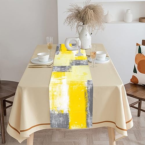 Miniatura 1 de FNJNDU Camino de mesa amarillo y gris, arte abstracto, estilo basura, estilo granja, arpillera, patrón moderno, cocina, comedor, mesa de comedor,