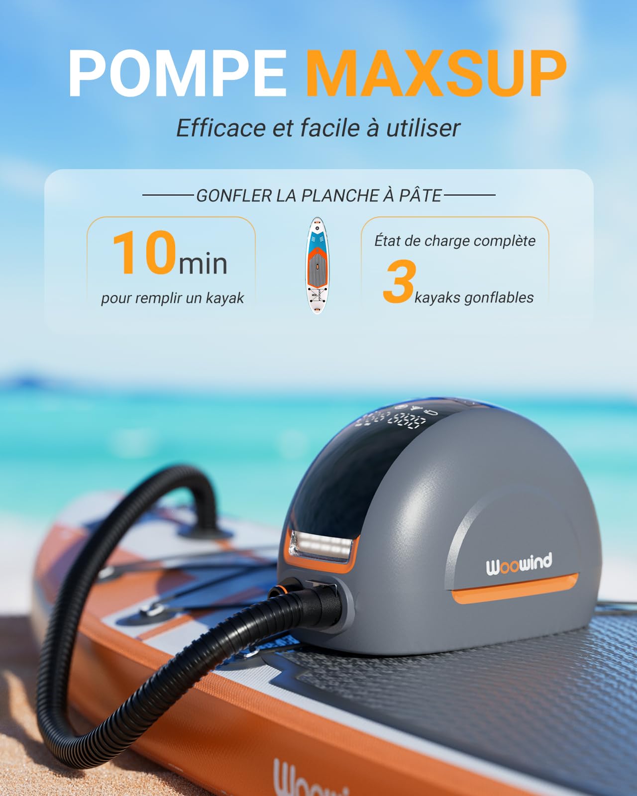 Woowind NW10 Pompe à Paddle Portable Pompe Sup Haute Pression 20 PSI Pomp à Air Sup Double Étape Gonflage/Dégonflage TypeC/12V DC Pomp Électrique pour Planches Paddle Gonflables, Bateaux, Kayaks