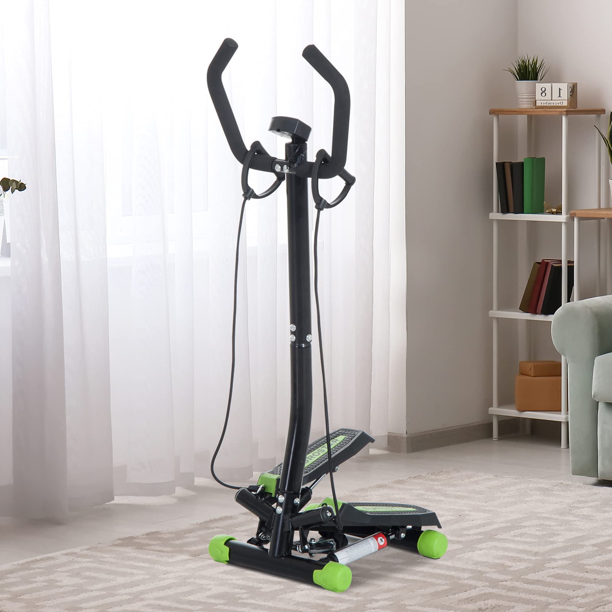 HOMCOM Stepper Sidestepper mit Haltegriff Heimtrainer LCD Display Trainingsbänder Stahl Grün+Schwarz