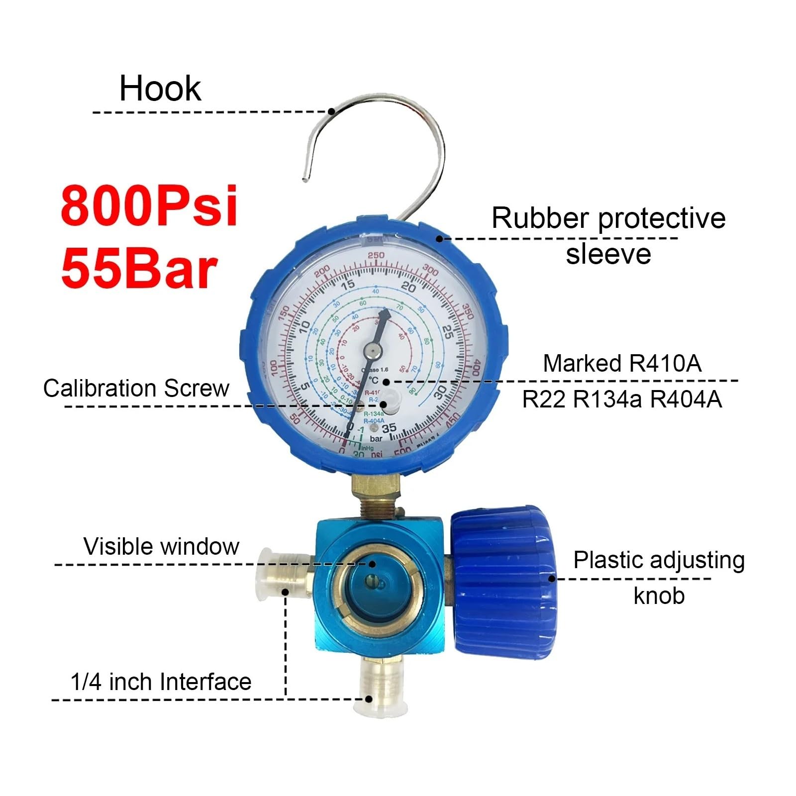 Manguera de Carga múltiple con manómetro y Mirilla for Herramienta de refrigeración A/C de Alta y Baja presión R22/R410A/R134A/R404A Detección en Tiempo Real(Low Plastic knob)