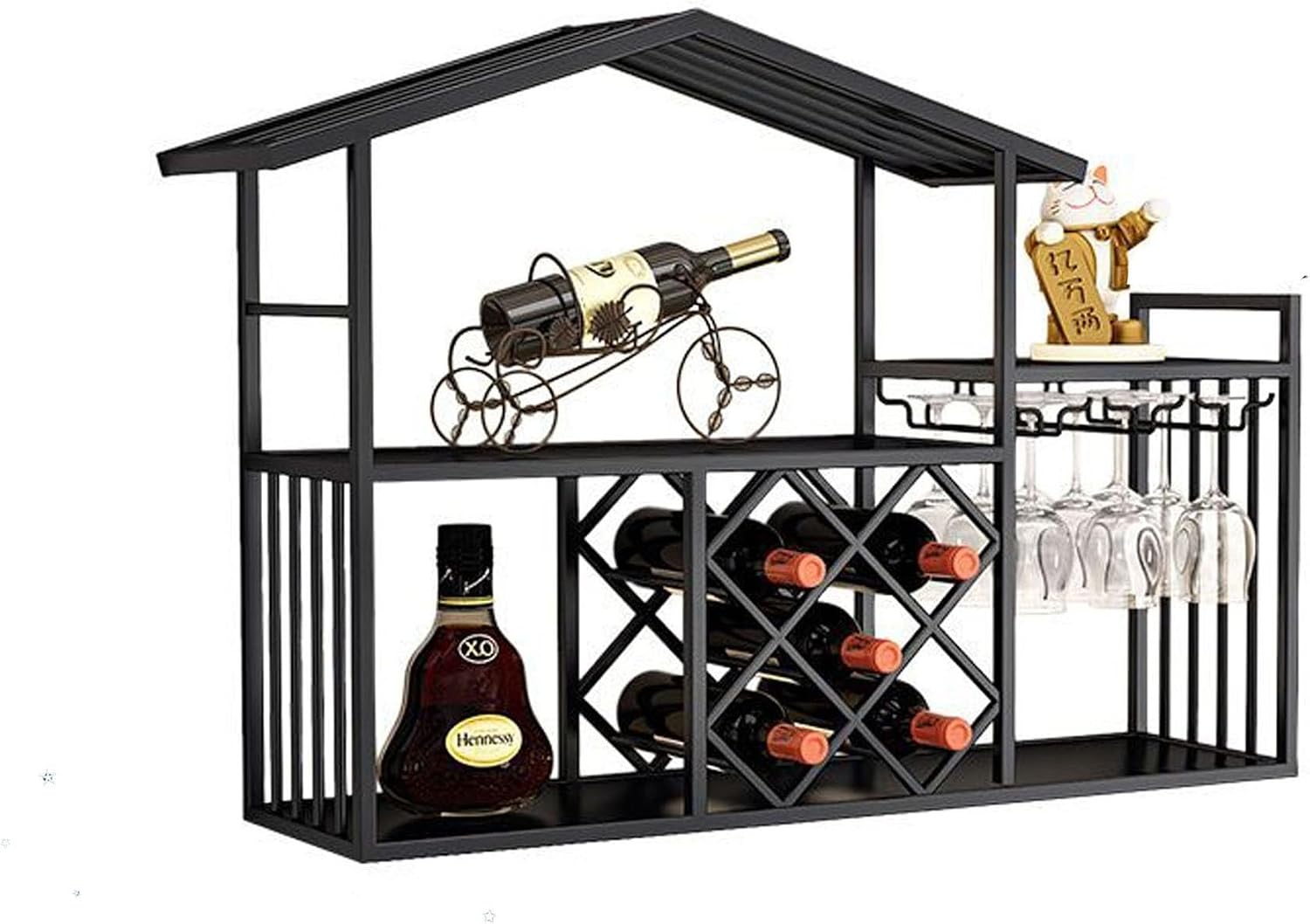 Wall Wine Rack Bar Shelves Liquor Shelf Wall Mounted Racks for Wine Bottles with Hanging Wine Glass Holder Rack Floating Mini Bar Liquor Bottle Display Shelf for Home Bar Dining Room Kitchen(Black)