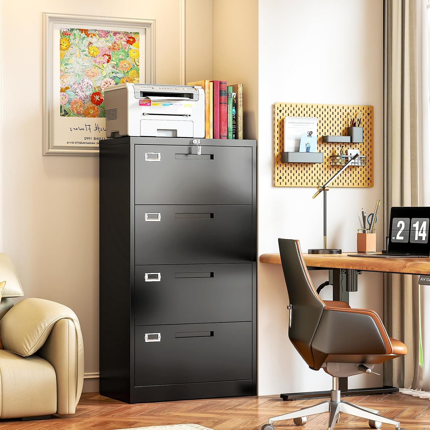 Metal Lateral 4 Drawer File Cabinet with Lock, Wide Filing Cabinet for Home Office Organization Hanging Files Letter/Legal/F4/A4 Size (Black, Assembly Required)