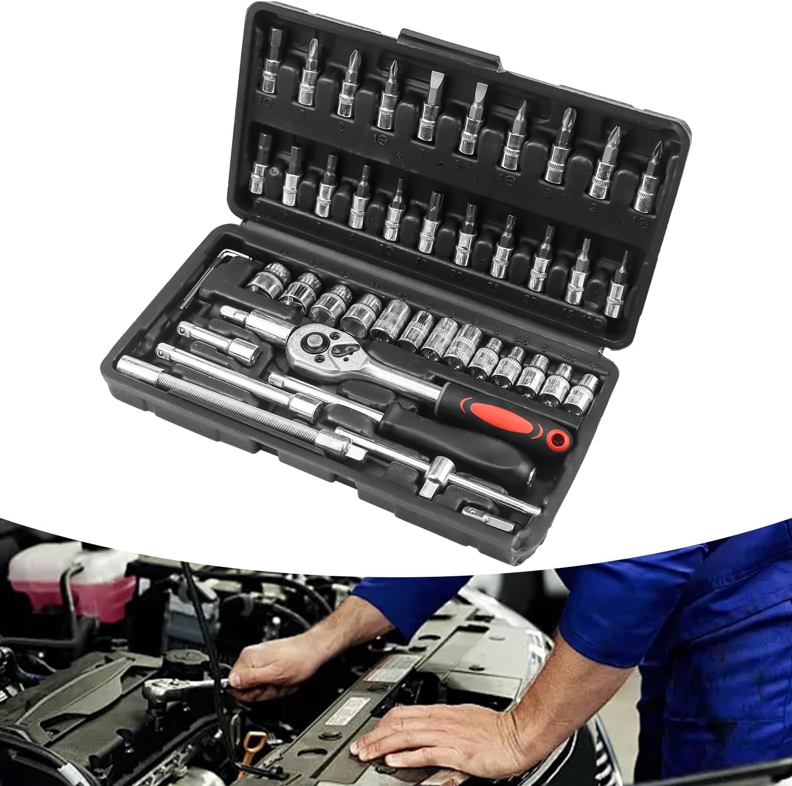 Kit De Clés à Cliquet 1/4" 72 Dents - 46 Pièces Cr-V Pour Mécanicien Et Bricolage Auto