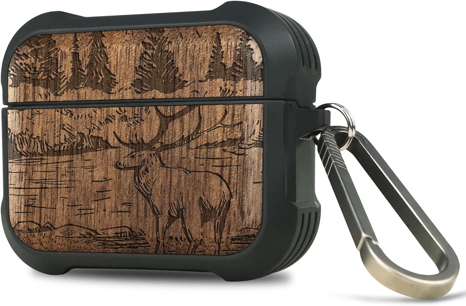 Carveit Wooden Case for AirPods Pro 2nd/1st Gen Case, Wood Artisan Engraved & TPU Shockproof Cover, Titanium Quick Released Clasp, Wireless Chargers Compatible (Mountains and Deer) Walnut
