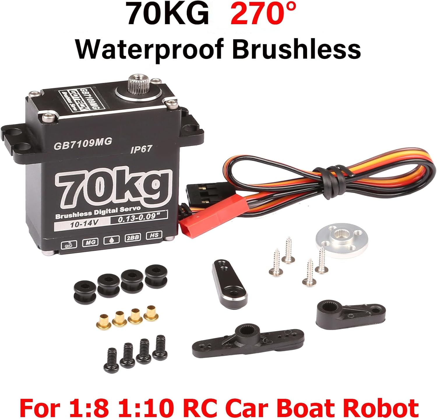 GOTECK 70KG Brushless Digital Servo,High Voltage 14V Metal Gear Waterproof Steering Servo with 25T Servo Horn for 1/8 1/10 RC Crawler Car,Robot,Boat,Truck Robot Parts (GB7109MG-270°)