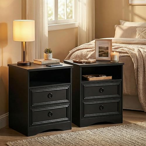 Juego de 2 mesitas de noche grandes con cajones, mesita de noche de 17.7 pulgadas de ancho con 2 cajones, mesa auxiliar de cama decorativa y mesa