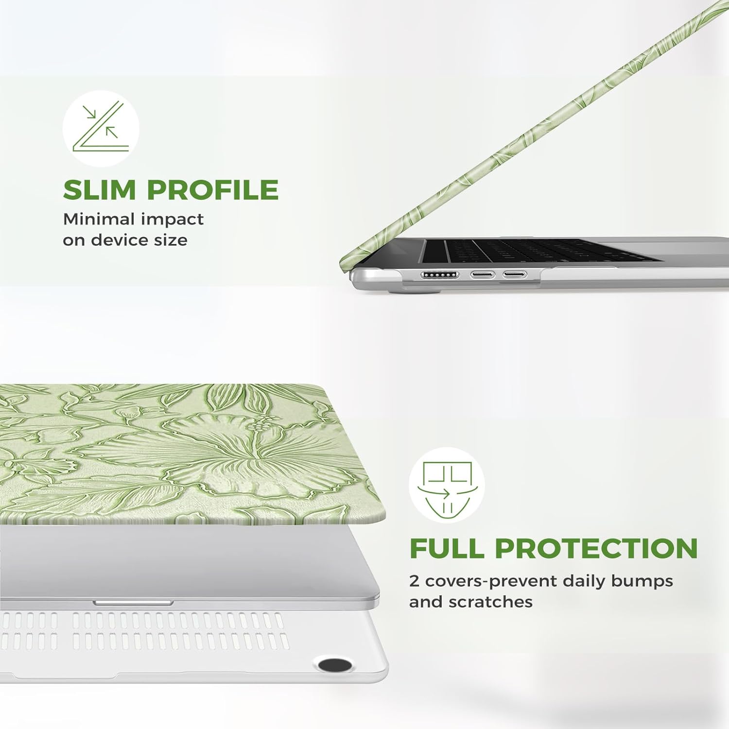 iCasso Compatible with MacBook Air 15 inch Case M5 2026 2025-2023 Release M4 M3 M2 Model A3448 A3241 A3114 A2941, Texture Leather Hard Shell Case for Mac Air 15.3,Green Embossed Floral