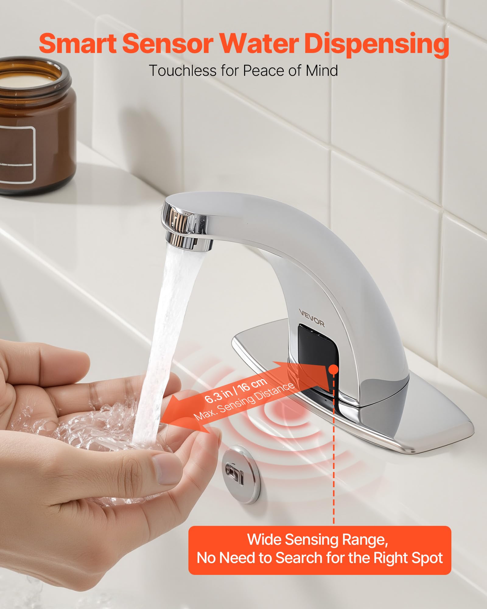 VEVOR berührungsloser Waschtischhahn (verchromtes Silber) Badezimmer, automatische Waschtischarmatur (Nur kaltes Wasser), batteriebetriebener Wasserhahn Toilettenhahn mit Lochabdeckung G233