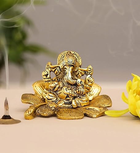 Lord Ganesha en la hoja hecha de metal – Estatua de ídolo de Ganesh Ganpati figura tradicional para decoración del templo de la oficina en casa,