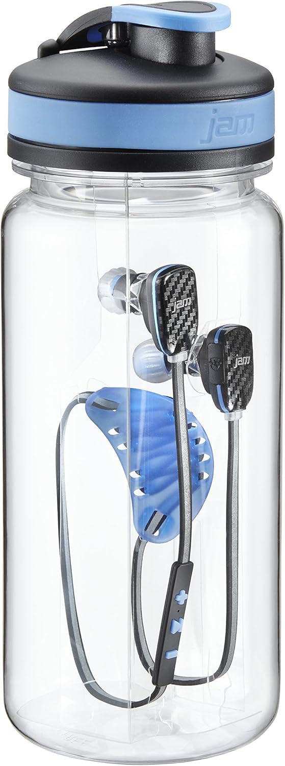 Close-up of JAM Transit Micro Sport Buds showing the earbud design and in-line controls.