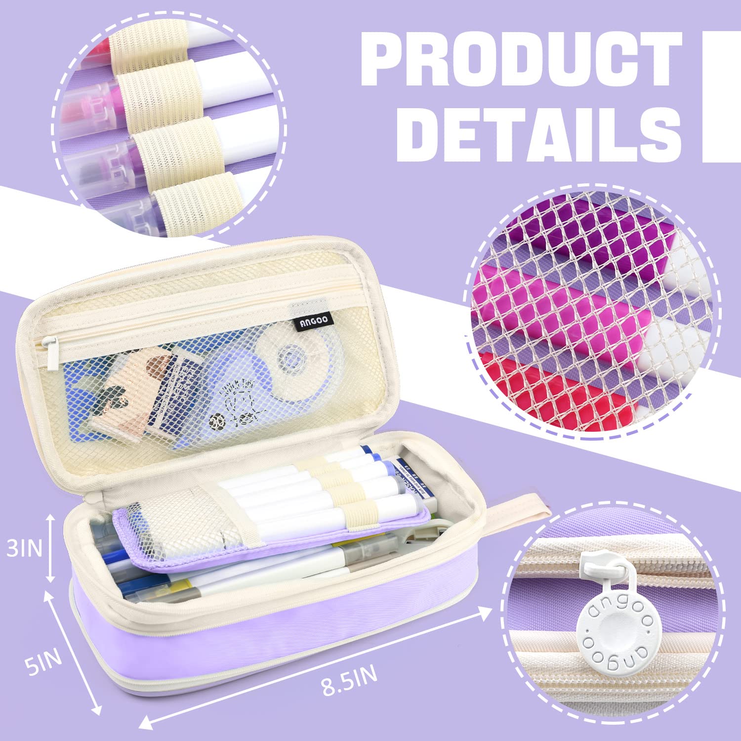 Astuccio Rientro A Scuola In Poliestere Con Cerniera 21x4,6x10 Cm | Porta Matite E Pennarelli Per Ragazze, Colore Viola - 6