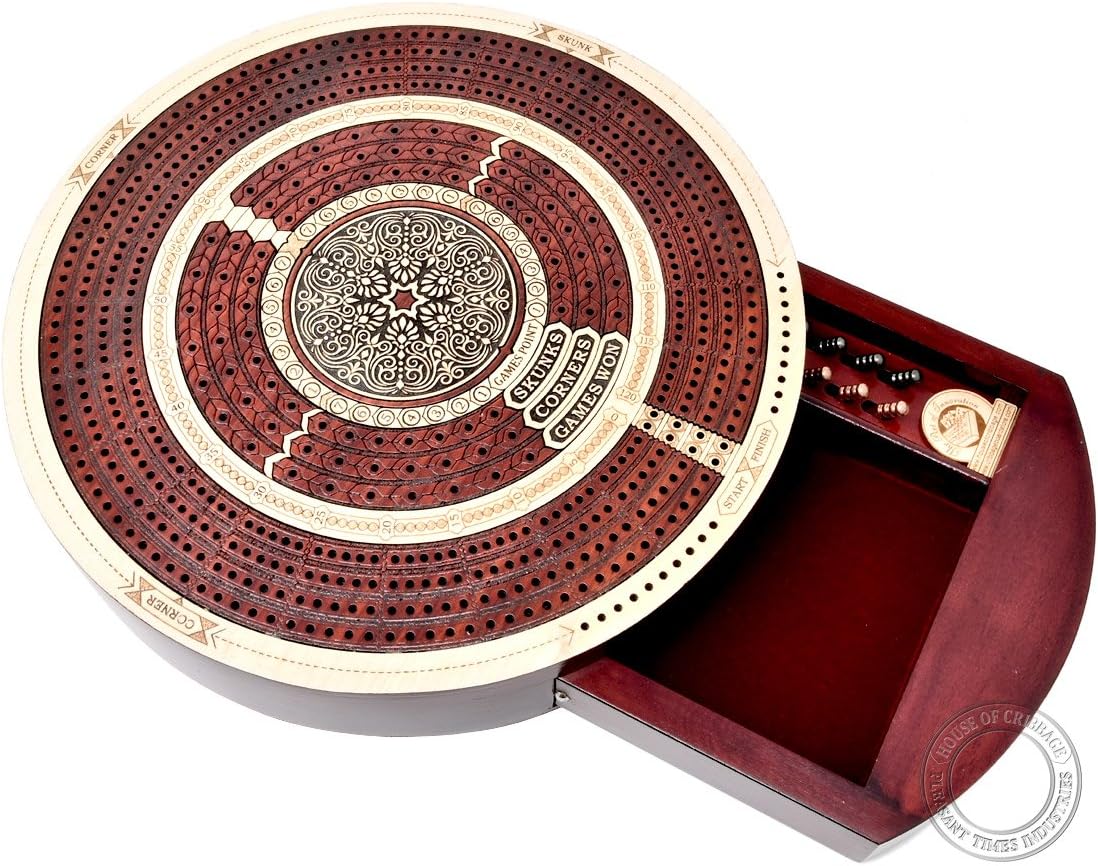 House of Cribbage - Round Shape 4 Tracks Continuous Cribbage Board Maple/Bloodwood with Push Drawer & Place for Skunks, Corners & Won Games
