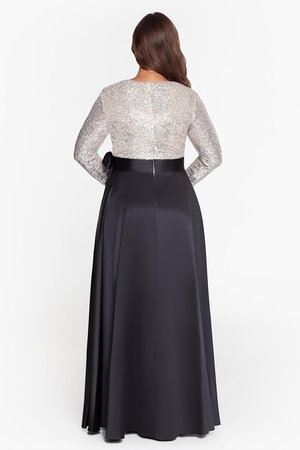 Xscape Women's Plus Size Sequin Long Sleeve Bodice and Satin Skirt V-Neck Floor Length Dress