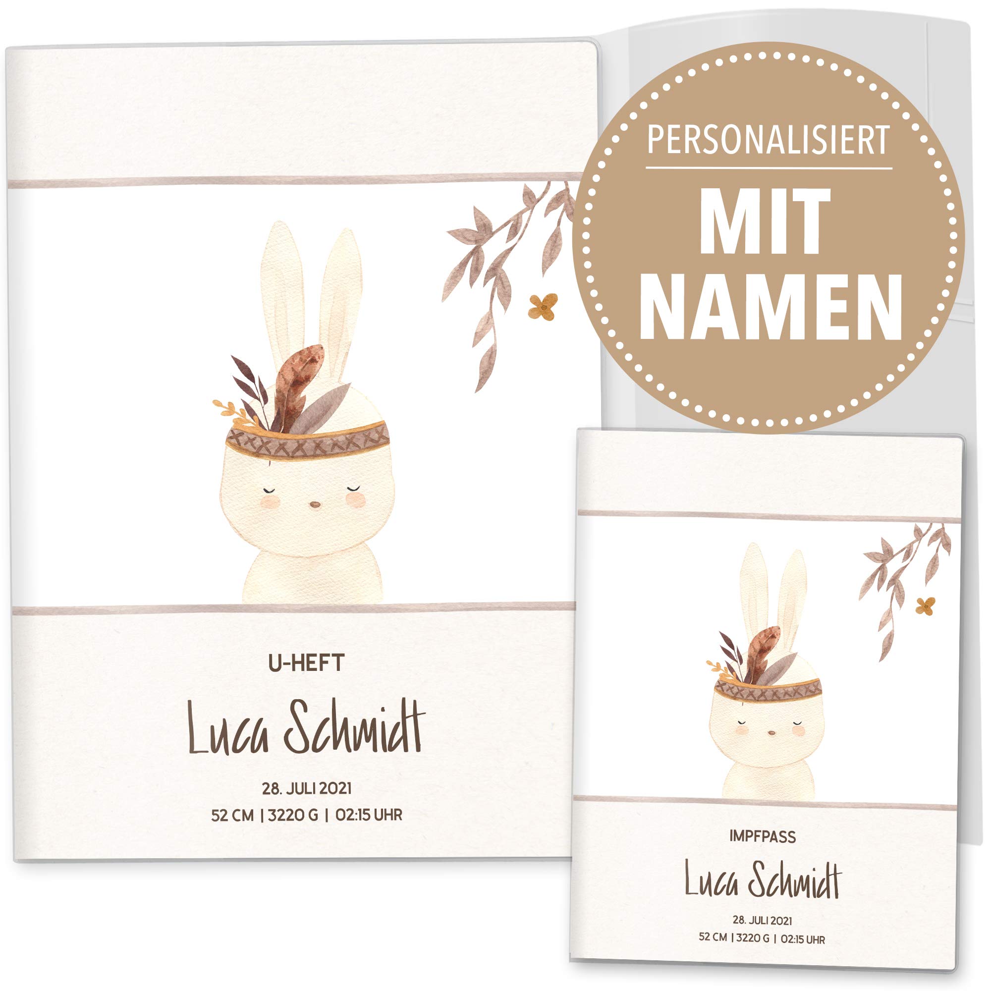 OLGS U-Heft und Impfpasshüllen Set 3-teilig Indianer Freunde Hase | Untersuchungsheft Hülle & Impfpasshülle, Schutzhüllen, Babygeschenk zur Geburt mit Namen - Impfpass, Uhefthülle personalisiert
