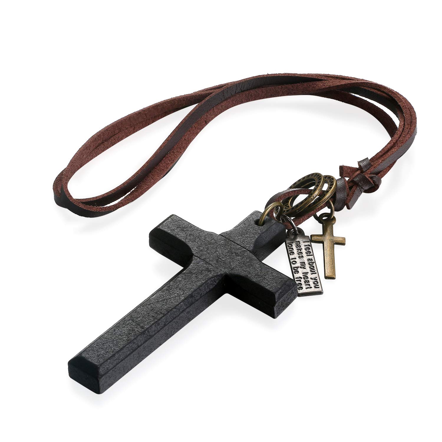 Flongo Collar de Cuero para Hombre Mujer, Colgante de Cruz Madera, Religioso Collar Largo Ajustable, Cruz Negra Retro Vintage, Diseño Original
